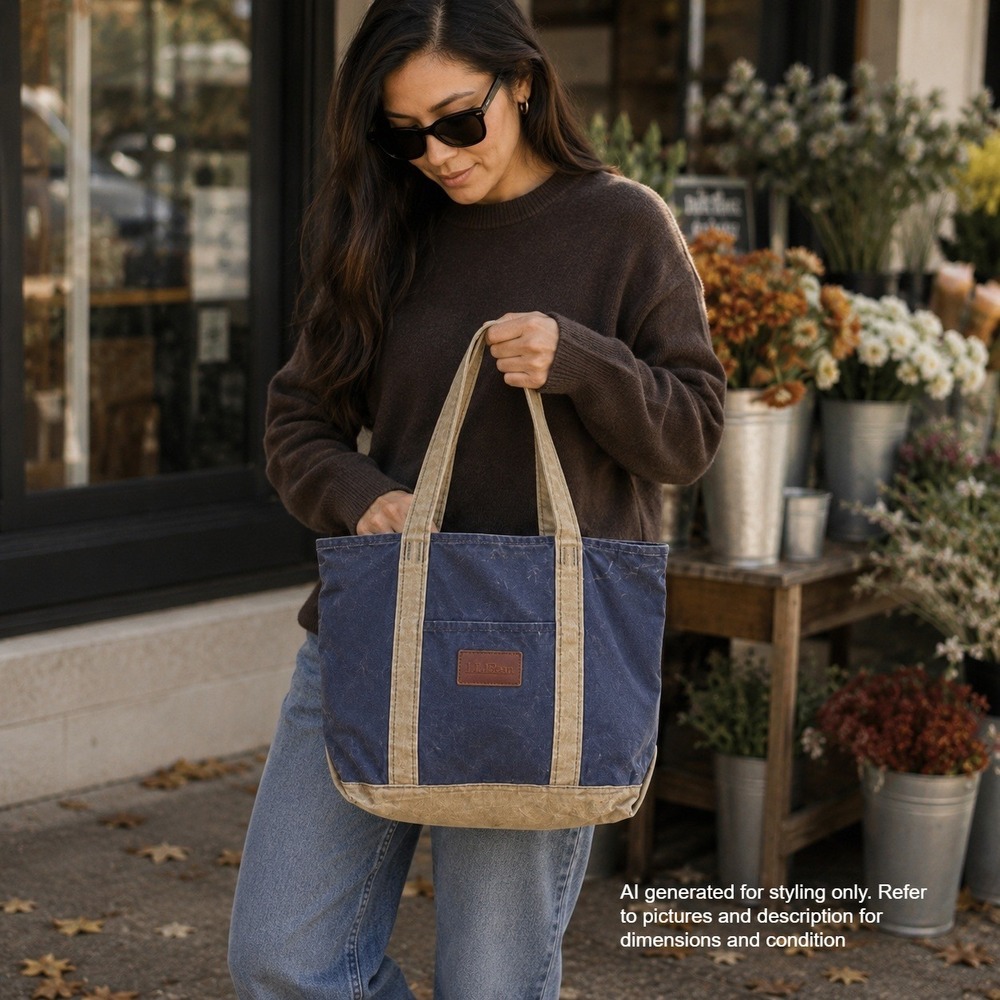 LL Bean Waxed Canvas Tote Bag Navy Blue Olive Green Plaid Lining Zip Top